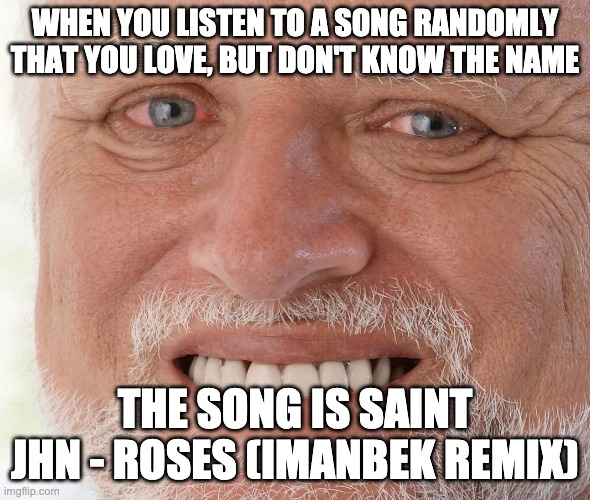#Songlove #crazy #rapmumble | WHEN YOU LISTEN TO A SONG RANDOMLY THAT YOU LOVE, BUT DON'T KNOW THE NAME; THE SONG IS SAINT JHN - ROSES (IMANBEK REMIX) | image tagged in hide the pain harold | made w/ Imgflip meme maker