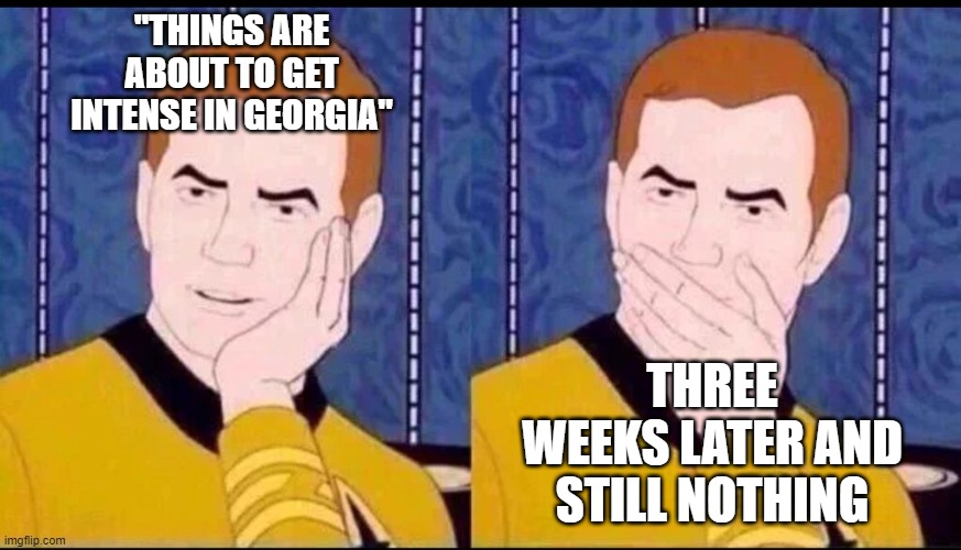 Fake Surprised  | "THINGS ARE ABOUT TO GET INTENSE IN GEORGIA"; THREE WEEKS LATER AND STILL NOTHING | image tagged in fake surprised | made w/ Imgflip meme maker