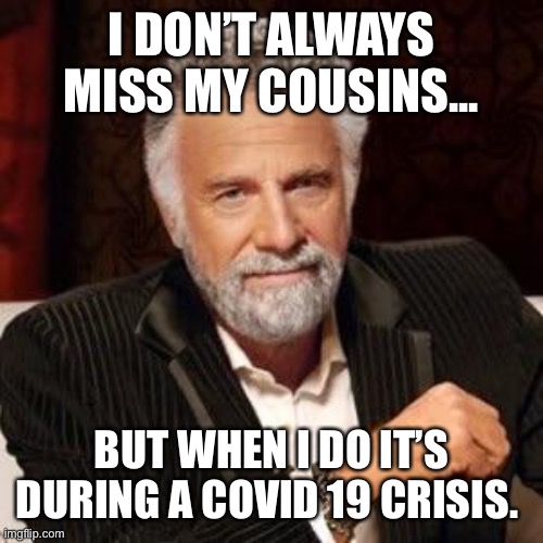 I don't always | I DON’T ALWAYS MISS MY COUSINS... BUT WHEN I DO IT’S DURING A COVID 19 CRISIS. | image tagged in i don't always | made w/ Imgflip meme maker