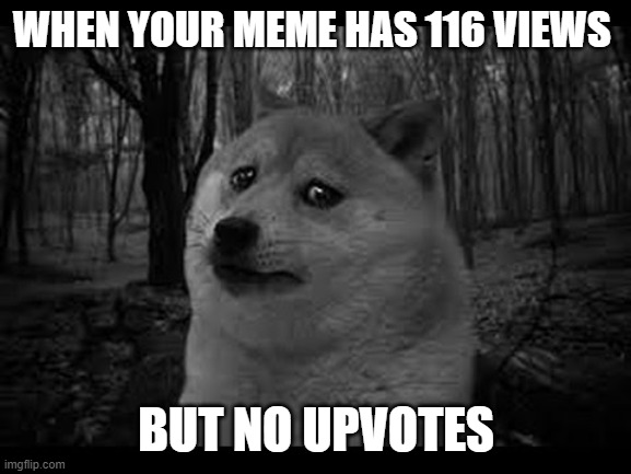 Very sad doge | WHEN YOUR MEME HAS 116 VIEWS; BUT NO UPVOTES | image tagged in very sad doge | made w/ Imgflip meme maker