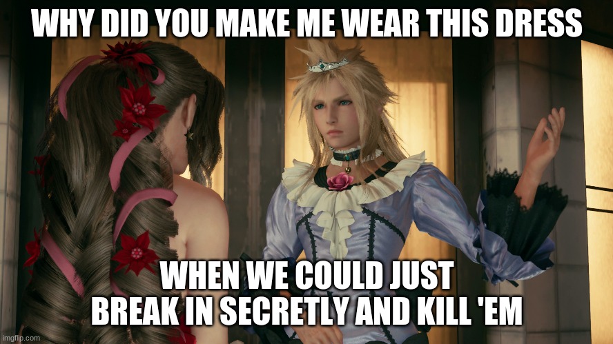 What they could've done | WHY DID YOU MAKE ME WEAR THIS DRESS; WHEN WE COULD JUST BREAK IN SECRETLY AND KILL 'EM | image tagged in cloud strife in a dress,final fantasy 7 | made w/ Imgflip meme maker
