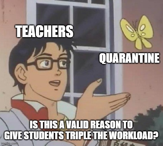 No, but it doesn't stop them. | TEACHERS; QUARANTINE; IS THIS A VALID REASON TO GIVE STUDENTS TRIPLE THE WORKLOAD? | image tagged in memes,is this a pigeon | made w/ Imgflip meme maker
