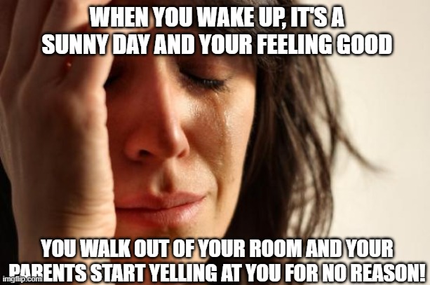 Me everyday | WHEN YOU WAKE UP, IT'S A SUNNY DAY AND YOUR FEELING GOOD; YOU WALK OUT OF YOUR ROOM AND YOUR PARENTS START YELLING AT YOU FOR NO REASON! | image tagged in memes,first world problems | made w/ Imgflip meme maker