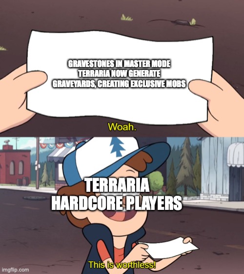 The New Terraria Graveyard Biome | GRAVESTONES IN MASTER MODE TERRARIA NOW GENERATE GRAVEYARDS, CREATING EXCLUSIVE MOBS; TERRARIA HARDCORE PLAYERS | image tagged in this is useless | made w/ Imgflip meme maker