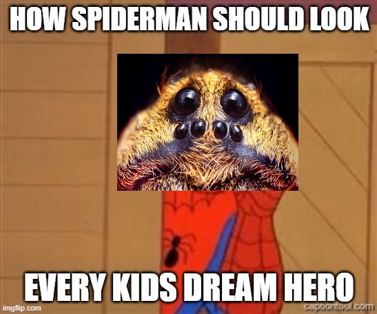 psst spiderman | HOW SPIDERMAN SHOULD LOOK; EVERY KIDS DREAM HERO | image tagged in psst spiderman | made w/ Imgflip meme maker