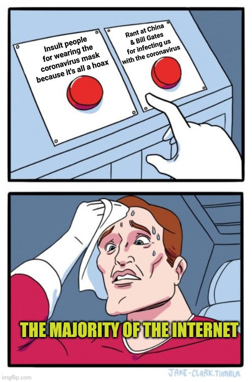 Two Buttons | Rant at China & Bill Gates for infecting us with the coronavirus; Insult people for wearing the coronavirus mask because it's all a hoax; THE MAJORITY OF THE INTERNET | image tagged in memes,two buttons | made w/ Imgflip meme maker