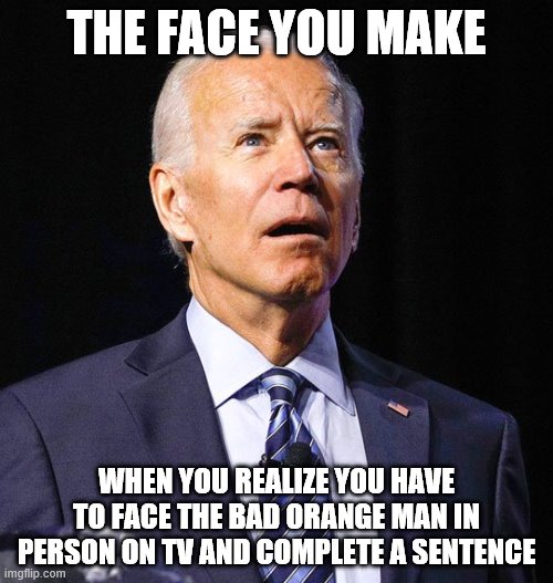 Joe Biden | THE FACE YOU MAKE; WHEN YOU REALIZE YOU HAVE TO FACE THE BAD ORANGE MAN IN PERSON ON TV AND COMPLETE A SENTENCE | image tagged in joe biden | made w/ Imgflip meme maker