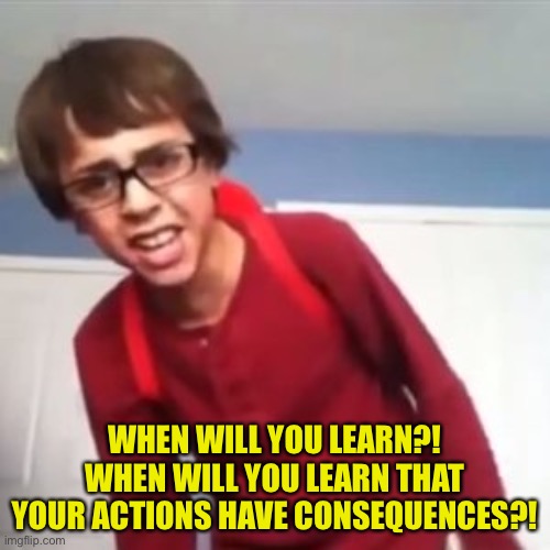 When will you learn?! | WHEN WILL YOU LEARN?! WHEN WILL YOU LEARN THAT YOUR ACTIONS HAVE CONSEQUENCES?! | image tagged in when will you learn | made w/ Imgflip meme maker