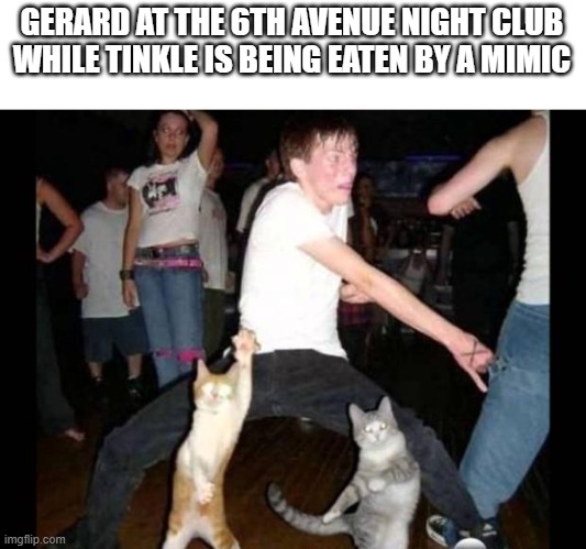 Party hard cat | GERARD AT THE 6TH AVENUE NIGHT CLUB WHILE TINKLE IS BEING EATEN BY A MIMIC | image tagged in party hard cat | made w/ Imgflip meme maker
