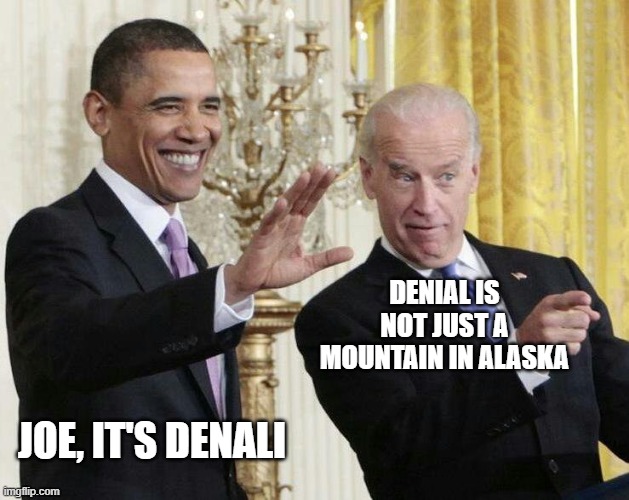 joe biden | DENIAL IS NOT JUST A MOUNTAIN IN ALASKA; JOE, IT'S DENALI | image tagged in joe biden | made w/ Imgflip meme maker