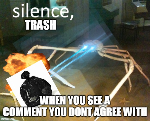 Silence Crab | TRASH; WHEN YOU SEE A COMMENT YOU DONT AGREE WITH | image tagged in silence crab | made w/ Imgflip meme maker