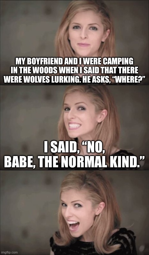 Bad Pun Anna Kendrick Meme | MY BOYFRIEND AND I WERE CAMPING IN THE WOODS WHEN I SAID THAT THERE WERE WOLVES LURKING. HE ASKS, “WHERE?”; I SAID, “NO, BABE, THE NORMAL KIND.” | image tagged in memes,bad pun anna kendrick | made w/ Imgflip meme maker