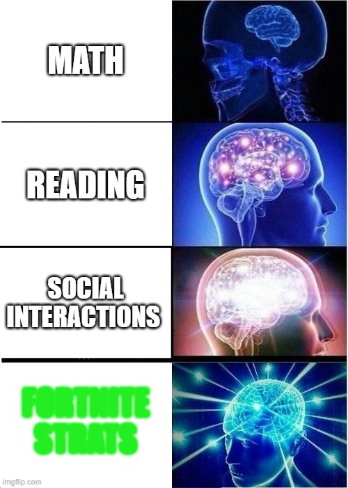 Expanding Brain Meme | MATH; READING; SOCIAL INTERACTIONS; FORTNITE STRATS | image tagged in memes,expanding brain | made w/ Imgflip meme maker
