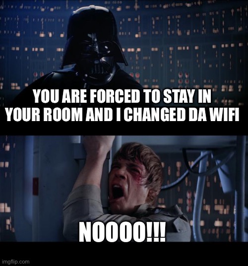 Star Wars No Meme | YOU ARE FORCED TO STAY IN YOUR ROOM AND I CHANGED DA WIFI; NOOOO!!! | image tagged in memes,star wars no | made w/ Imgflip meme maker