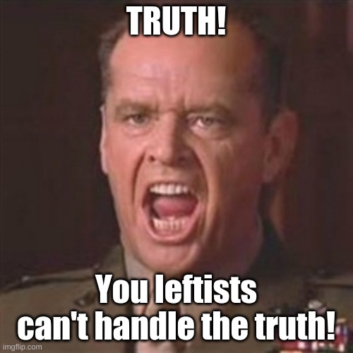 You can't handle the truth | TRUTH! You leftists can't handle the truth! | image tagged in you can't handle the truth | made w/ Imgflip meme maker