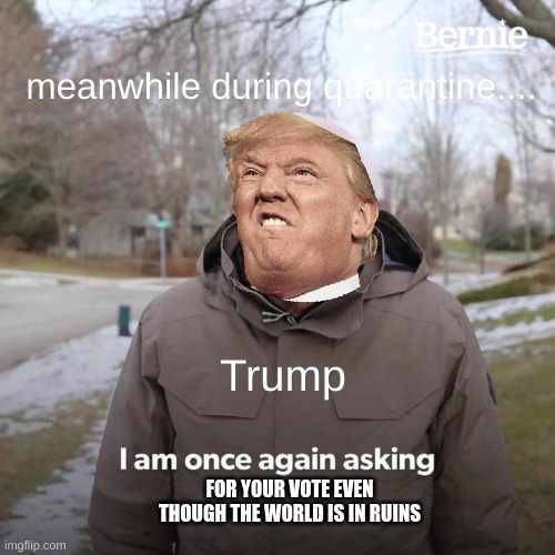 does this seem like the right time to worry about politics trump? | meanwhile during quarantine.... Trump; FOR YOUR VOTE EVEN THOUGH THE WORLD IS IN RUINS | image tagged in memes,bernie i am once again asking for your support | made w/ Imgflip meme maker