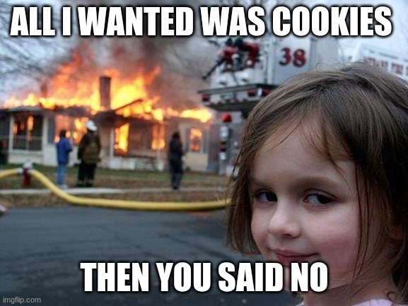 Disaster Girl | ALL I WANTED WAS COOKIES; THEN YOU SAID NO | image tagged in memes,disaster girl | made w/ Imgflip meme maker