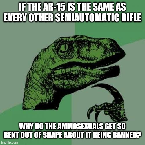 They get so emotional | IF THE AR-15 IS THE SAME AS EVERY OTHER SEMIAUTOMATIC RIFLE; WHY DO THE AMMOSEXUALS GET SO BENT OUT OF SHAPE ABOUT IT BEING BANNED? | image tagged in memes,philosoraptor | made w/ Imgflip meme maker