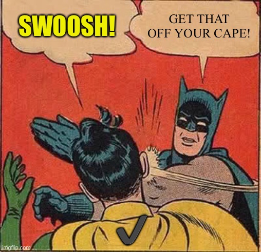 Batman Slapping Robin Meme | ✔️ GET THAT OFF YOUR CAPE! SWOOSH! | image tagged in memes,batman slapping robin | made w/ Imgflip meme maker