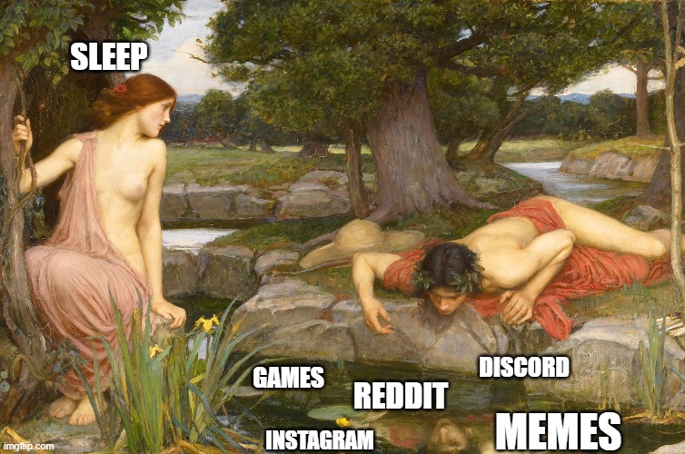 Echo and Narcissus in 2020 | SLEEP; DISCORD; GAMES; REDDIT; MEMES; INSTAGRAM | image tagged in mythology,metamorphoses,internet addiction | made w/ Imgflip meme maker