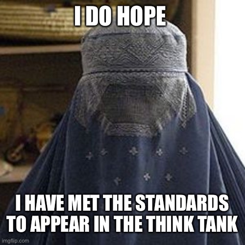 oppressed-burqa.jpg | I DO HOPE I HAVE MET THE STANDARDS TO APPEAR IN THE THINK TANK | image tagged in oppressed-burqajpg | made w/ Imgflip meme maker