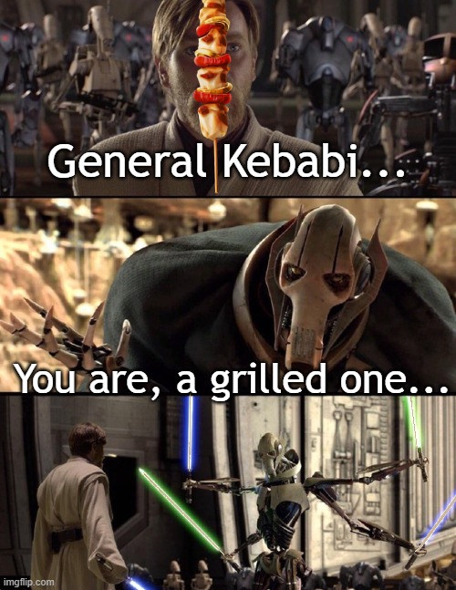 The sequel | General Kebabi... You are, a grilled one... | image tagged in general kenobi hello there | made w/ Imgflip meme maker