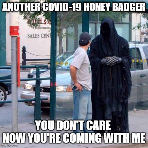 Grim reaper that's funny I don't care either | ANOTHER COVID-19 HONEY BADGER; YOU DON'T CARE  NOW YOU'RE COMING WITH ME | image tagged in grim reaper funny,covid-19,covidiots,honey badger,memes,covid | made w/ Imgflip meme maker