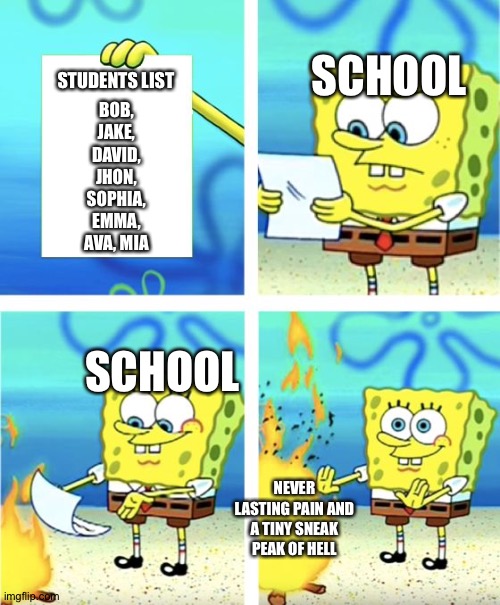 Spongebob Burning Paper | SCHOOL; STUDENTS LIST; BOB, JAKE, DAVID, JHON, SOPHIA, EMMA, AVA, MIA; SCHOOL; NEVER LASTING PAIN AND A TINY SNEAK PEAK OF HELL | image tagged in spongebob burning paper | made w/ Imgflip meme maker