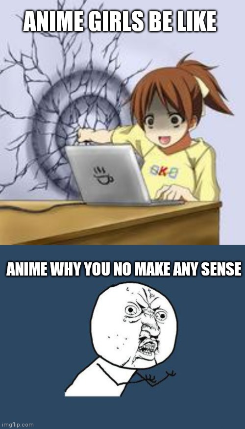 ANIME GIRLS BE LIKE; ANIME WHY YOU NO MAKE ANY SENSE | image tagged in why you no,anime wall punch | made w/ Imgflip meme maker