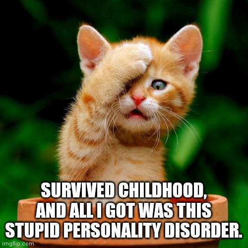 Cat face palm  | SURVIVED CHILDHOOD, AND ALL I GOT WAS THIS STUPID PERSONALITY DISORDER. | image tagged in cat face palm | made w/ Imgflip meme maker