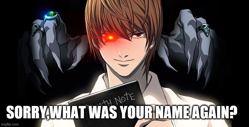 Light Yagami | SORRY,WHAT WAS YOUR NAME AGAIN? | image tagged in light yagami | made w/ Imgflip meme maker