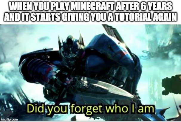 Minecraft meme | WHEN YOU PLAY MINECRAFT AFTER 6 YEARS AND IT STARTS GIVING YOU A TUTORIAL AGAIN | image tagged in minecraft,tutorial,memes,funny | made w/ Imgflip meme maker