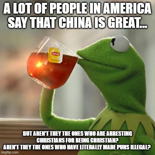 This is a problem | A LOT OF PEOPLE IN AMERICA SAY THAT CHINA IS GREAT... BUT AREN'T THEY THE ONES WHO ARE ARRESTING CHRISTIANS FOR BEING CHRISTIAN?
AREN'T THEY THE ONES WHO HAVE LITERALLY MADE PUNS ILLEGAL? | image tagged in memes,but that's none of my business,kermit the frog | made w/ Imgflip meme maker