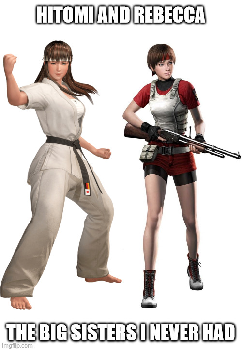 Very attractive big sisters. | HITOMI AND REBECCA; THE BIG SISTERS I NEVER HAD | image tagged in dead or alive,resident evil,hitomi,rebecca chambers,big sister,crush | made w/ Imgflip meme maker