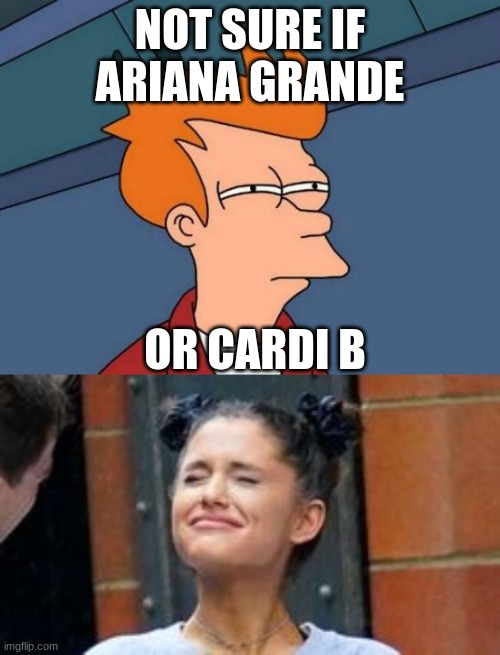 Could be neither one. | NOT SURE IF ARIANA GRANDE; OR CARDI B | image tagged in memes,futurama fry,ariana grande,cardi b,idk | made w/ Imgflip meme maker