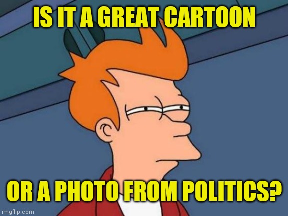 Futurama Fry Meme | IS IT A GREAT CARTOON OR A PHOTO FROM POLITICS? | image tagged in memes,futurama fry | made w/ Imgflip meme maker