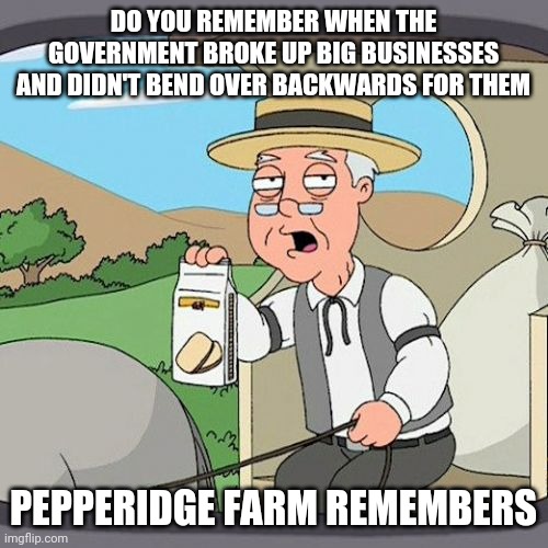 Pepperidge Farm Remembers | DO YOU REMEMBER WHEN THE GOVERNMENT BROKE UP BIG BUSINESSES AND DIDN'T BEND OVER BACKWARDS FOR THEM; PEPPERIDGE FARM REMEMBERS | image tagged in memes,pepperidge farm remembers | made w/ Imgflip meme maker
