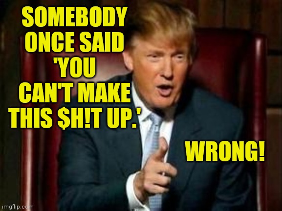 Donald Trump | SOMEBODY ONCE SAID 'YOU CAN'T MAKE THIS $H!T UP.' WRONG! | image tagged in donald trump | made w/ Imgflip meme maker