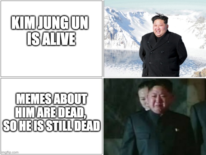 Blank Comic Panel 2x2 | KIM JUNG UN 
IS ALIVE; MEMES ABOUT HIM ARE DEAD, 
SO HE IS STILL DEAD | image tagged in memes,kim jong un,dead | made w/ Imgflip meme maker