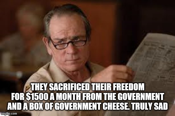 no country for old men tommy lee jones | THEY SACRIFICED THEIR FREEDOM FOR $1500 A MONTH FROM THE GOVERNMENT AND A BOX OF GOVERNMENT CHEESE. TRULY SAD | image tagged in no country for old men tommy lee jones | made w/ Imgflip meme maker