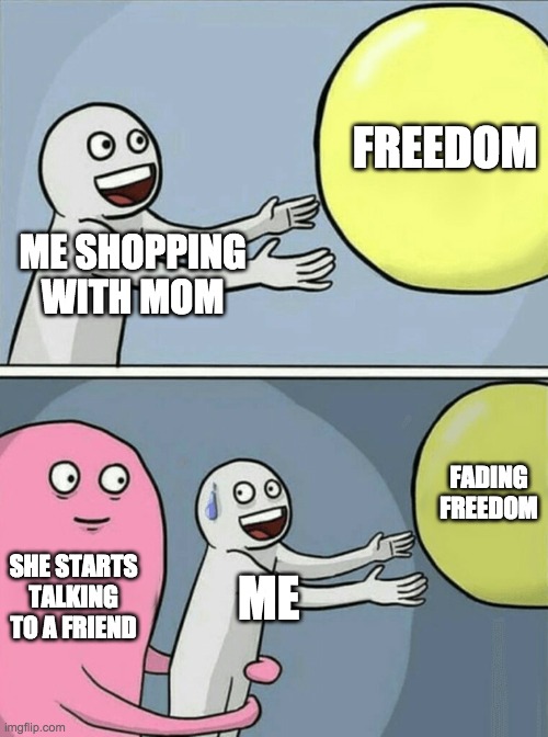 Running Away Balloon Meme | FREEDOM; ME SHOPPING WITH MOM; FADING FREEDOM; SHE STARTS TALKING TO A FRIEND; ME | image tagged in memes,running away balloon | made w/ Imgflip meme maker