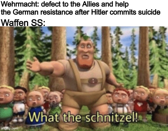 What the schnitzel | Wehrmacht: defect to the Allies and help the German resistance after Hitler commits suicide; Waffen SS: | image tagged in what the schnitzel | made w/ Imgflip meme maker