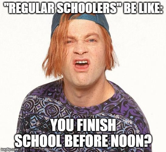 Kevin the teenager | "REGULAR SCHOOLERS" BE LIKE:; YOU FINISH SCHOOL BEFORE NOON? | image tagged in kevin the teenager | made w/ Imgflip meme maker