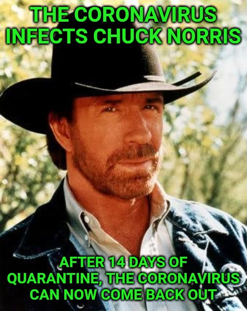 Chuck Norris | THE CORONAVIRUS INFECTS CHUCK NORRIS; AFTER 14 DAYS OF QUARANTINE, THE CORONAVIRUS CAN NOW COME BACK OUT | image tagged in memes,chuck norris | made w/ Imgflip meme maker