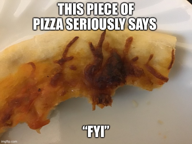 How does that happen? “I found this on my pizza” | THIS PIECE OF PIZZA SERIOUSLY SAYS; “FYI” | image tagged in wtf,fyi,pizza | made w/ Imgflip meme maker