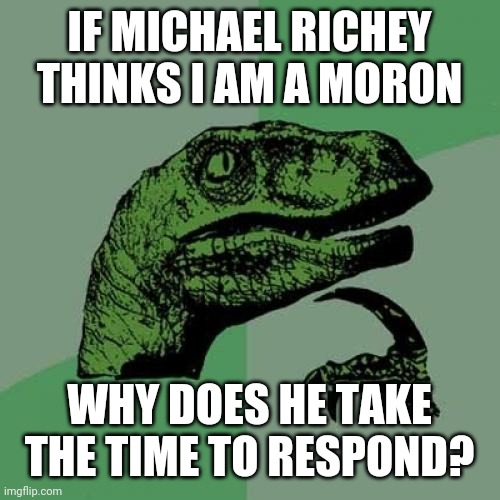 Philosoraptor Meme | IF MICHAEL RICHEY THINKS I AM A MORON WHY DOES HE TAKE THE TIME TO RESPOND? | image tagged in memes,philosoraptor | made w/ Imgflip meme maker