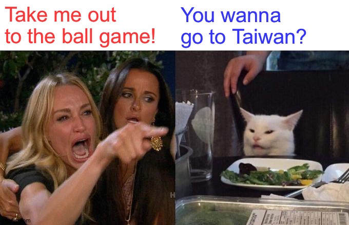 Woman Yelling At Cat | Take me out 
to the ball game! You wanna 
go to Taiwan? | image tagged in memes,woman yelling at cat | made w/ Imgflip meme maker
