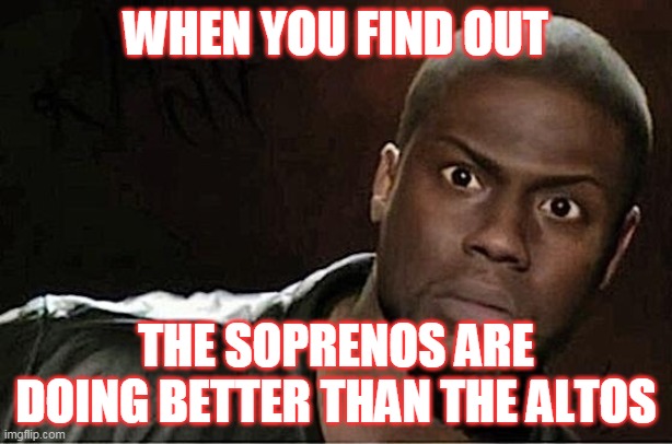 Kevin Hart Meme | WHEN YOU FIND OUT; THE SOPRENOS ARE DOING BETTER THAN THE ALTOS | image tagged in memes,kevin hart | made w/ Imgflip meme maker