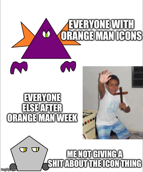 You mad bro? | EVERYONE WITH ORANGE MAN ICONS; EVERYONE ELSE AFTER ORANGE MAN WEEK; ME NOT GIVING A SHIT ABOUT THE ICON THING | image tagged in white background | made w/ Imgflip meme maker