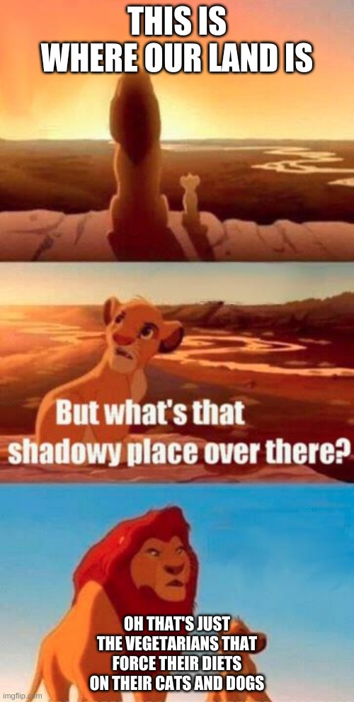 lion king light touches shadowy place kek | THIS IS WHERE OUR LAND IS; OH THAT'S JUST THE VEGETARIANS THAT FORCE THEIR DIETS ON THEIR CATS AND DOGS | image tagged in lion king light touches shadowy place kek | made w/ Imgflip meme maker